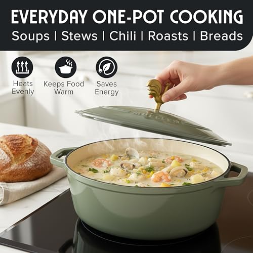 MUELLER HOME 5.5 Quart Enameled Cast Iron Oval Dutch Oven w Rooster Knob & Cotton Potholders (5.5 Quart -Oval / Thyme Green)