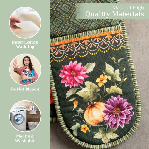 Double Oven Mitts 100% Cotton Double Oven Glove (026 - Pumpkin Garden - Dark Green / 7" x 35" (Double Oven Mitt))