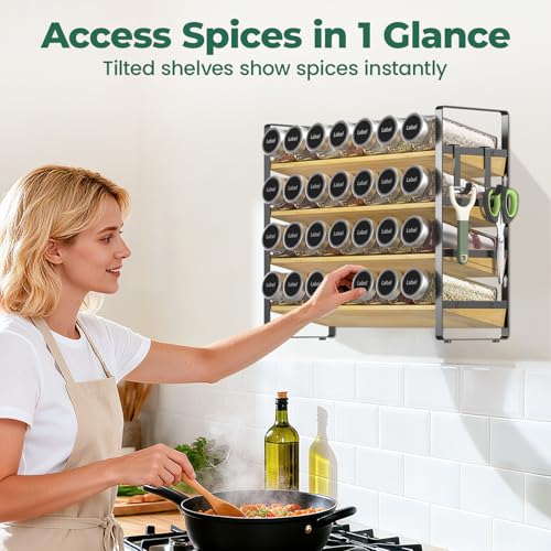 Spice Seasoning Rack Organizer Kitchen Countertop (Matte Black+Bamboo)