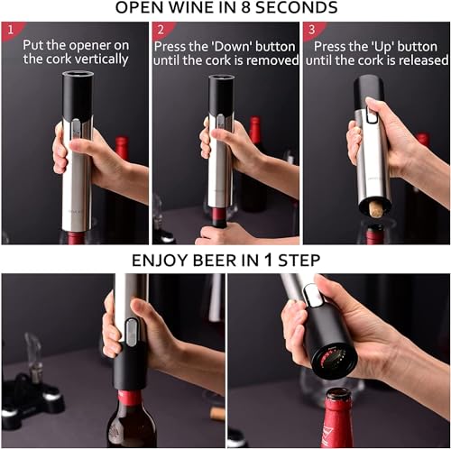 Electric Wine Opener Set Automatic Wine Opener Kit for Wine and Beer Cordless Electric Wine Bottle Openers Gift Set with Foil Cutter (Silver & Black / Prestige Set)