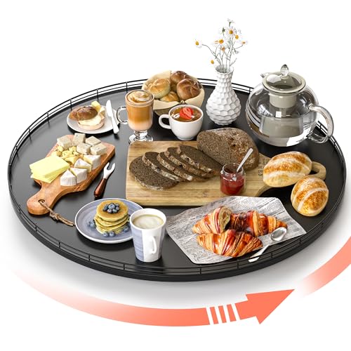 24 Inch Extra Large Oak Lazy Susan with Black Metal Rail (Black / 24)