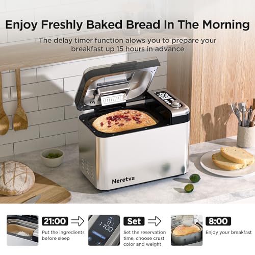 3.3LB &15-in-1 Bread Maker Dual Heaters with Auto Nut Dispenser (Silver)