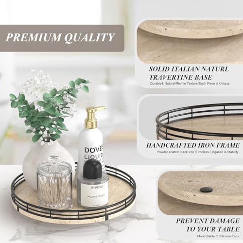 10 Inch Italian Travertine Lazy Susan with Black Metal Frame (Light Yellow & Black / 10 inches)