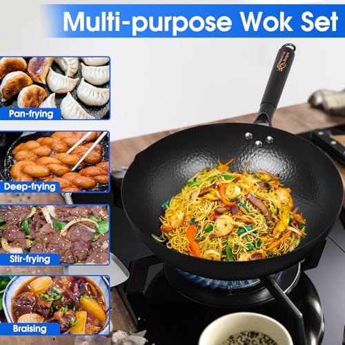 13.4 Inch Carbon Steel Wok For Electric (D-13.4 inch Wok with Stainless Steel & Glass Lid)