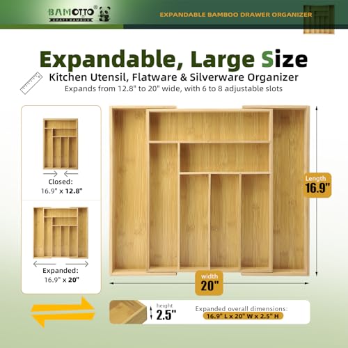 Expandable Bamboo Drawer Organizer for Kitchen (Bamboo (Expandable Adjustable) / 16.9" L x 12.8-20" W x 2.5" H)