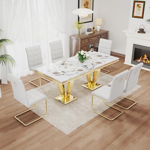 7 Piece Luxury Dining Room Set (Gold White + White / Dining Table + 6 U-shape Chair)