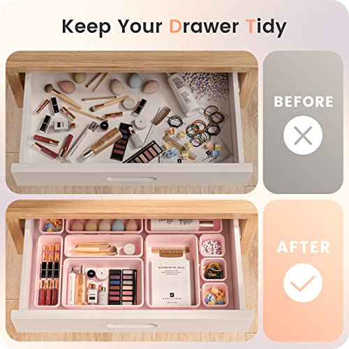 Military Grade】 Drawer Organizer for Vanity Bathroom Makeup Desk (Pink)