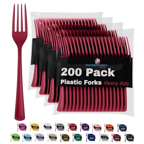Burgundy Plastic Forks 200 Pieces Burgundy Forks Disposable Utensils Heavy Duty Plastic Cutlery Set Disposable Cutlery Sets Flatware Sets Silverware Set Party Supplies & Party Tableware (Burgundy / Forks)