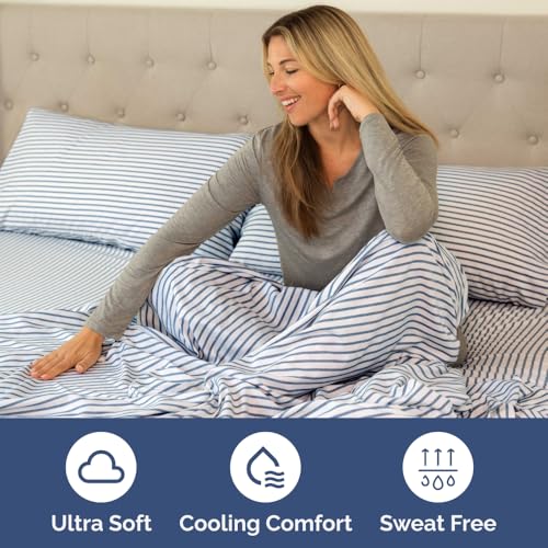 Short Queen Size 4 Piece Bed Sheet Set (43 - Blue Stripes 2 / Short Queen)