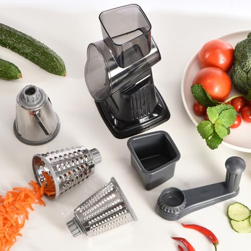 Rotary Cheese Grater with Handle Kitchen Shredder Slicer Grater Slicer Ice Shaver Cheese Vegetable Nuts Potato Zucchini Chocolate 3 Interchangeable Blades (9.06"L x 4.33"W x 9.07"H / Dark Gray)