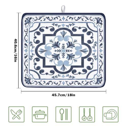 Navy Flower Dish Drying Mat Modern Boho Microfiber Dishes Drainer Pad 16x18 Inch Absorbent Fast Dry Dish Rack Mat for Kitchen Counter Sink (Boho Navy Floral / 16x18 inch)