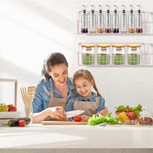 Spice Rack, 4-Pack Seasoning Organizer Wall Mounted for Kitchen Storage Organization, Metal Spice Holder Shelf for Cabinet, Pantry, Pink (4 Count)