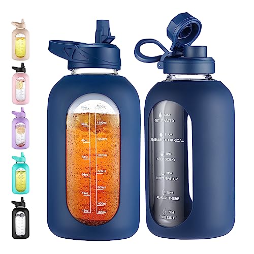 64 oz Glass Water Bottle with Straw (.Navy / 64 Ounces)