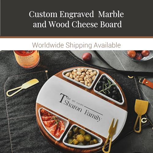 Acacia Wood Lazy Susan Cheese Board Set (Round 13" Marble with Engraving)