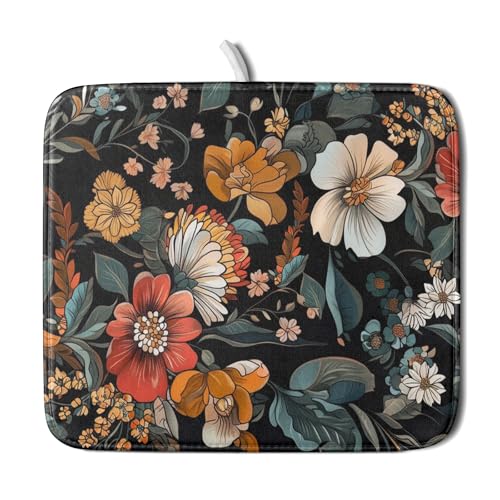 Vintage Floral Dish Drying Mat 16x18 inch Boho Flower Drainer Mats Fast Dry Absorbent Washable Dish Rack Pad Protector Kitchen Accessories (Vintage Floral / 16" x 18")