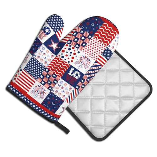4th of July Patriotic Oven Mitts and Pot Holder Set of 2 Independence Day Heat Resistant Kitchen Gloves Hot Pads for Cooking Grilling BBQ (Patriotic Flag)