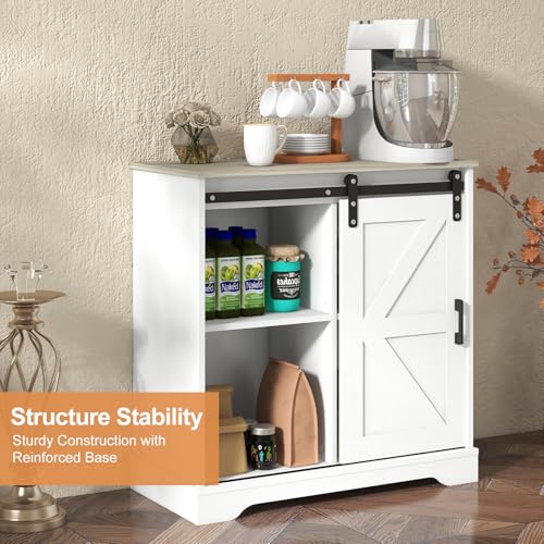 Sliding Barn Door Buffet Sideboard Storage Cabinet Coffee Bar Kitchen Farmhouse Style (White Cabinet Nature Top)