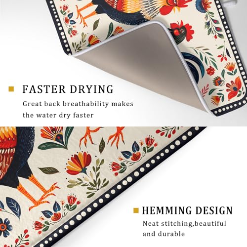 Rooster Poultry Dish Drying Mat for Kitchen Counter 18x24 Inch Microfiber Absorbent Colorful Printing Drying Pad (Chicken Art White / 24" x 18")