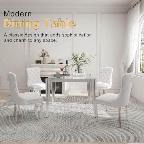 35'' Modern Square Glass Dining Table for 4 People (Silver-clear / Square-35.43" L x 35.43" W x 29.53" H)