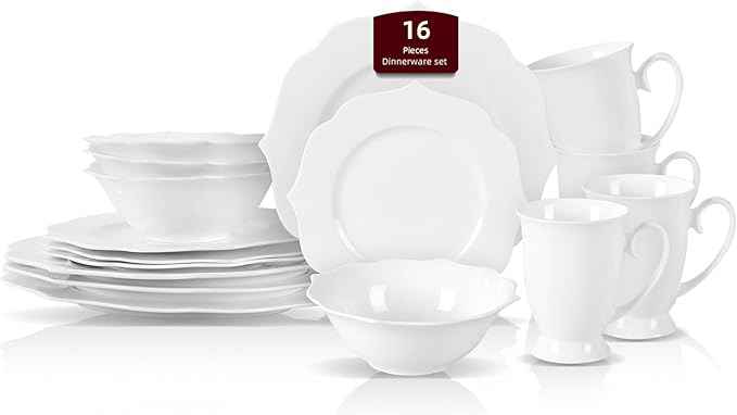 HomeVss, New Bone China Dinnerware Set, Embossed Lotus, 16pc Set