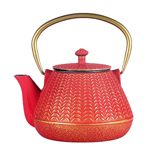 Small Cast Iron Tea Kettle for Stovetop Safe (Red, 1000ml/34oz)