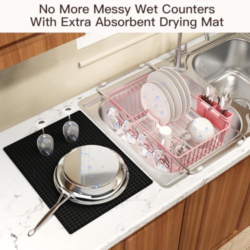 Pink Expandable Dish Drying Rack Over Sink with Extra Drying Mat (Pink / For 11.5"-16" W Sink with Cup Holder & Mat)