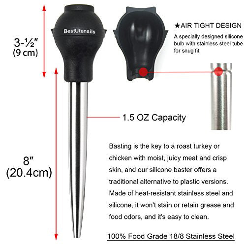 Stainless Steel Turkey Baster Commercial Grade Quality Silicone Bulb Including 2 Marinade Injector Needles And Basting Brush (4 Count)