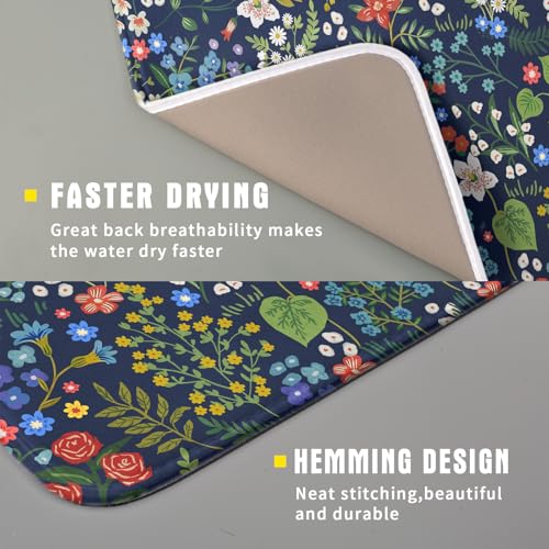 Flower Floral Dish Drying Mat Microfiber Navy Blue Absorbent Drying Pad for Kitchen Counter Small (Colored Flower / 18" x 16")