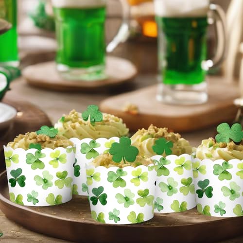 100Pcs St. Patrick's Day Paper Baking Cups Cupcake Wrappers Watercolor Green Shamrock Clover Scalloped Edge Cupcake Muffin Cases for Irish Dessert Decoration (Watercolor Clover)