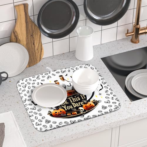 Funny Skull Coffee Mat for Table Counter Skeleton Dish Drying Mat Holiday Decoration for Home Coffee Bar (Dead Coffee White / 18" x 16")