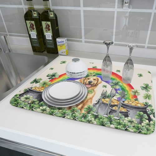 Funny Dog Dish Drying Mats for Kitchen Countertop Large Microfiber Absorbent Coffee Bar Mat (Green Lucky Gog / 24" x 18")