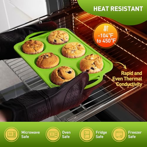 2 Packs 6 Cups Silicone Muffin Pan with Metal Reinforced Frame Jumbo Size Cupcake Pan Tray Egg Bites Silicone Circle Cookie Molds Muffin Tin Tart Pans Baking Sheet Set for Breakfast Sandwiches (2pc: 6-Cup Jumbo / Green)