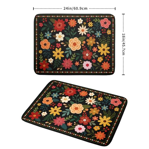 Boho Floral Dish Drying Mat 18x24 Inch Colorful Flower Dishes Dry Mats Absorbent Washable Drainer Rack Pad Protective Kitchen Counter Decor (Black Boho Floral / 24" x 18")