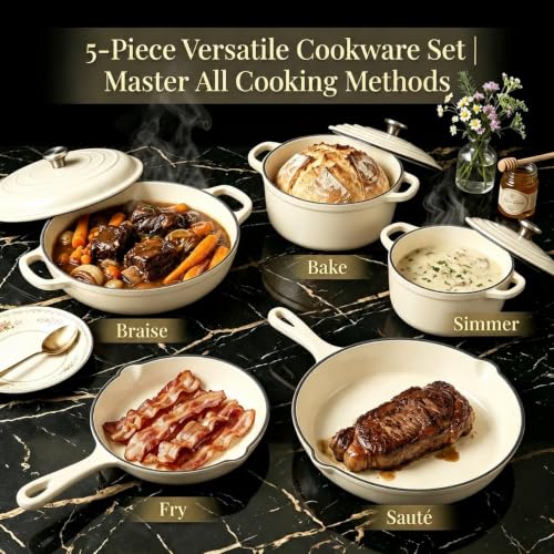 Nonstick Enameled Cast Iron Cookware Set (White F)