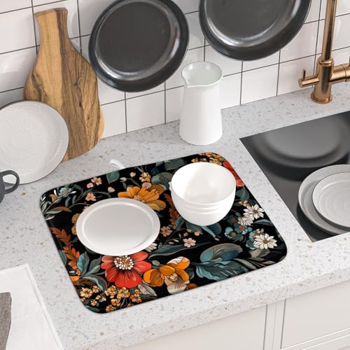 Vintage Floral Dish Drying Mat 16x18 inch Boho Flower Drainer Mats Fast Dry Absorbent Washable Dish Rack Pad Protector Kitchen Accessories (Vintage Floral / 16" x 18")