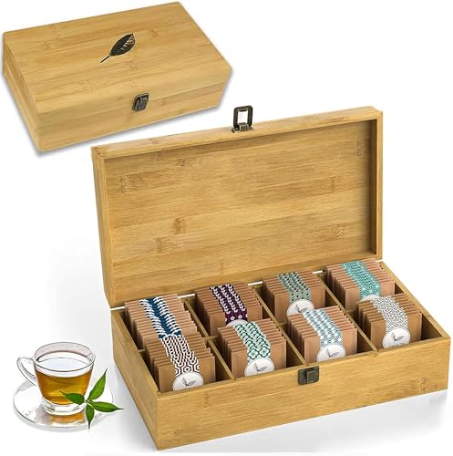 Bamboo Tea Organizer Box Chemical Free Eco (8-Slot Rectangular / Tea Leaf Stamp)