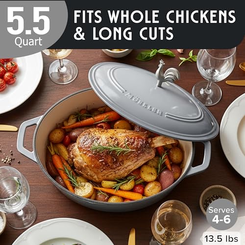 MUELLER HOME 5.5 Quart Enameled Cast Iron Oval Dutch Oven with Rooster Knob & Cotton Potholders (5.5 Quart -Oval / Gray)