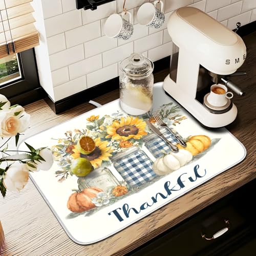Autumn Pumpkin and Sunflower Floral Vase Dish Drying Mat for Kitchen Counter Absorbent Microfiber Large Drying Pad Dish Mats for Kitchen Countertops 18 x 24 Inch (24" x 18")