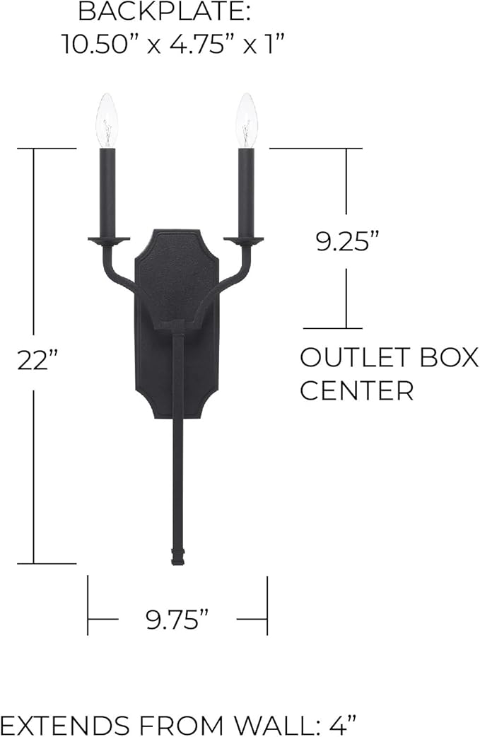 Capital Lighting 619821BI Ravenwood ADA Industrial Candle Wall Sconce, 2-Light 120 Total Watts 22" H x 10" W, Black Iron