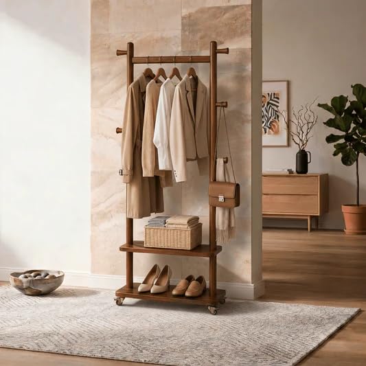 Coat Rack Freestanding Solid Wood Clothes Rack with Wheels