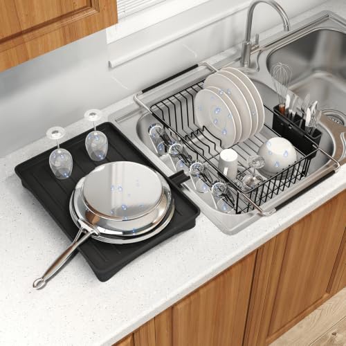 Expandable Dish Drying Rack Over Sink with Extra Drainboard (Black / For 11.5"-16" W Sink with Cup Holder & Drainboard)