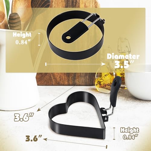 2 Pack Round+Heart Egg Rings Set with Silicone Handle