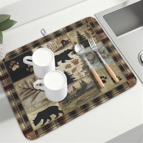Black Bear Dish Drying Mat Forest Cabin Decorative Dishes Pad 18x24 Inch Absorbent Fast Dry Dish Drainer Rack Mats for Kitchen Counter Sink (Black Bear / 18x24 inch)