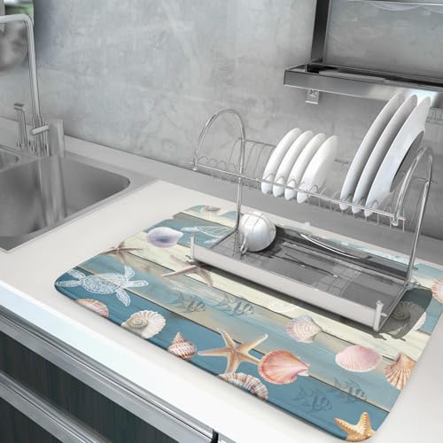 Coastal Starfish Dish Drying Mat Summer Sea Turtle Drainer Rack Mat Absorbent Microfiber Kitchen Countertop Protector Dishes Pad 18x24 inch (Starfish Turtle Wood / 24" x 24")