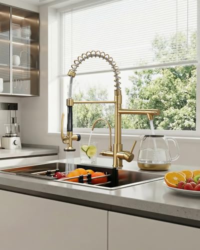 3 Way Kitchen Faucets with Sprayer and Water Filter Brushed Gold (Brushed Gold)