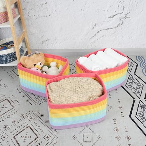 Woven Cotton Rope Storage Baskets 15x10x9.3" 3 Pack Rainbow (Rainbow red)