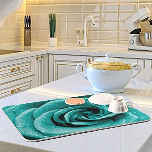 Super Absorbent Dish Drying Mat (Hipster Turquoise Rose Petals / 16" x 18")