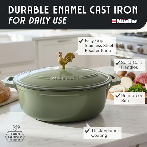 MUELLER HOME 5.5 Quart Enameled Cast Iron Oval Dutch Oven w Rooster Knob & Cotton Potholders (5.5 Quart -Oval / Thyme Green)