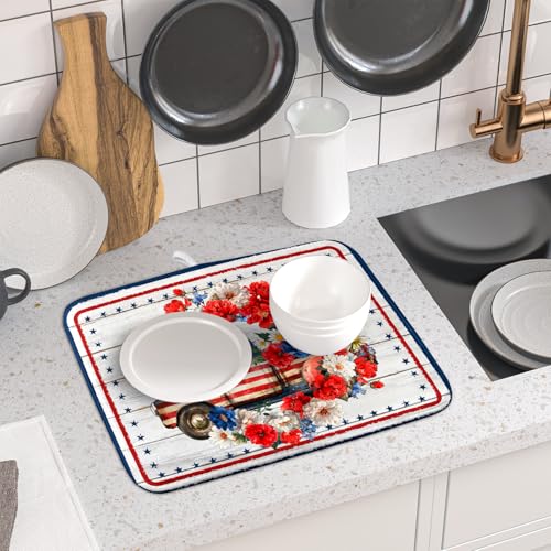 American Flag Dish Drainer Mat Flowers Absorbent Dish Rack Pad for Kitchen Coffee Bar Sinks (Patriotic Truck Blue / 18" x 16")
