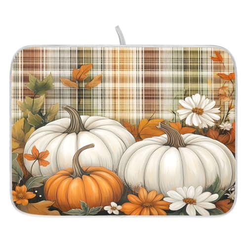 Autumn Fall Thanksgiving Dish Drying Mat for Kitchen Counter Absorbent Microfiber Orange White Pumpkin Large Drying Pad Dish Mats for Kitchen Countertops 18 x 24 Inch (Thanksgiving Pumpkins / 24" x 18")